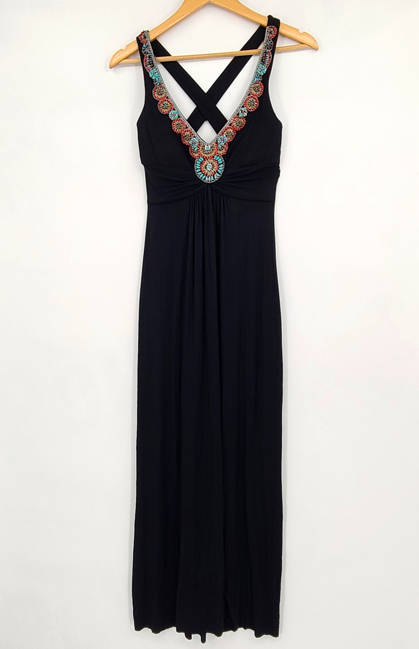 Cache Black V-Neck Colorful Beaded Dress Y2K Boho Resort Cruisewear Size XS